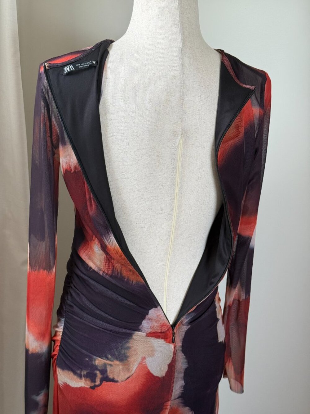 Zara Multicolor Abstract Printed Tulle Mesh Ruched Maxi Dress Small - Picture 5 of 7